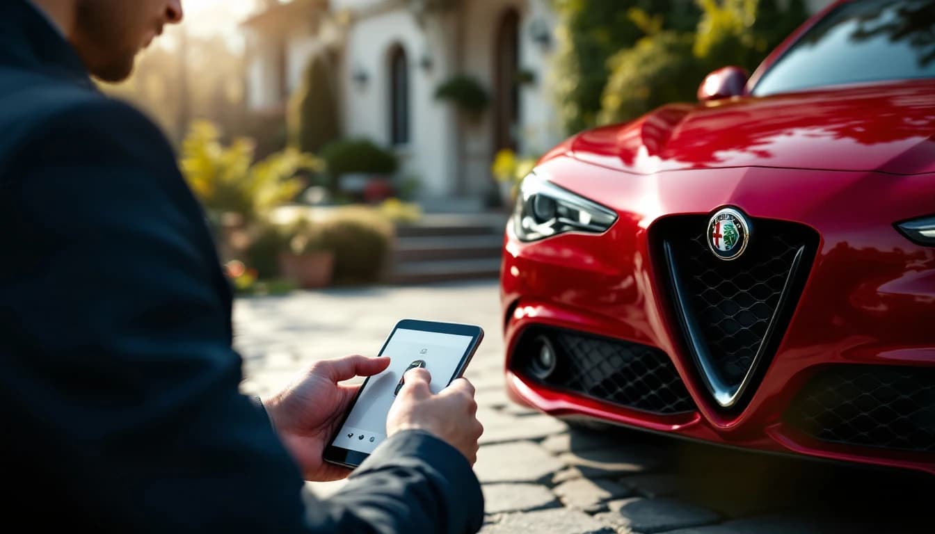 Mobile locksmith with an Alfa Romeo Giulia proximity smart key on-site in Frisco, Texas