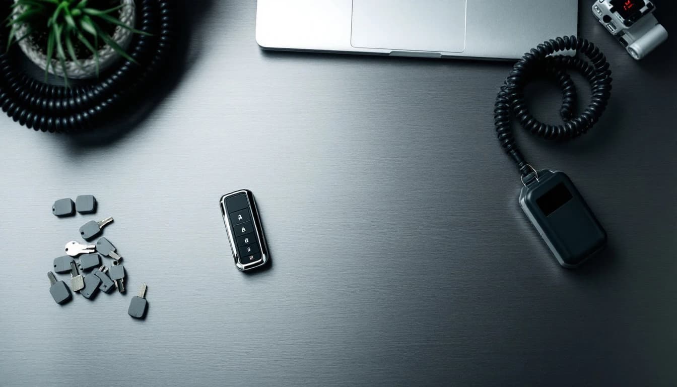 Audi smart key fob on a workbench beside programming equipment in Frisco, Texas