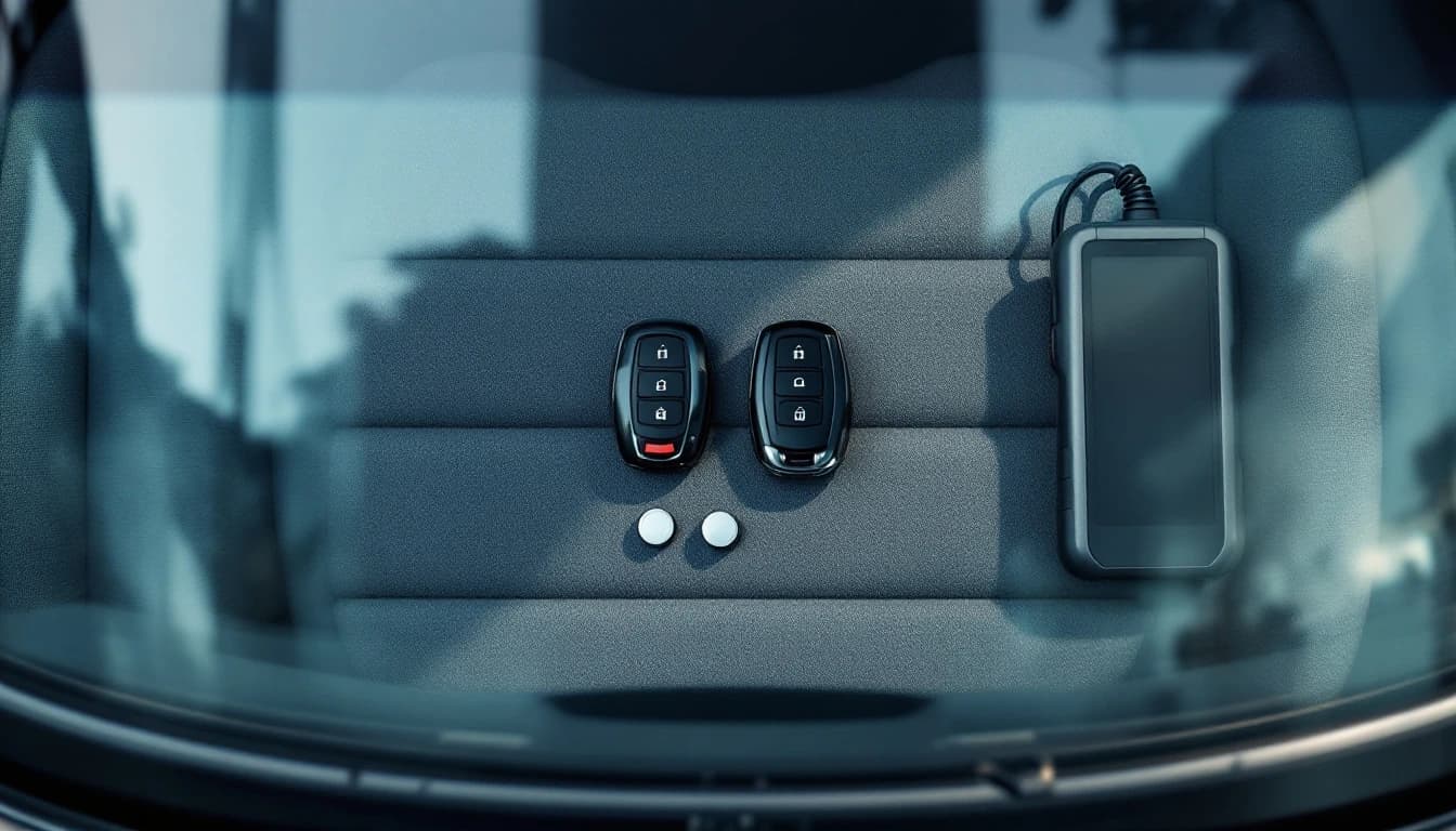 Two dead key fobs beside a diagnostic scan tool on the front seat of a car in Frisco, Texas