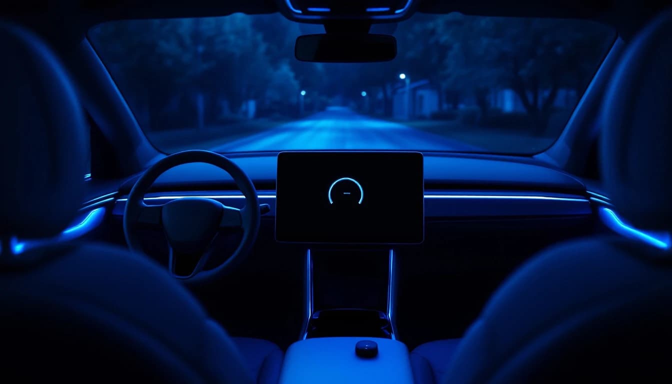 Electric vehicle dashboard showing a software update screen with a smart key fob resting on the console in Frisco, Texas