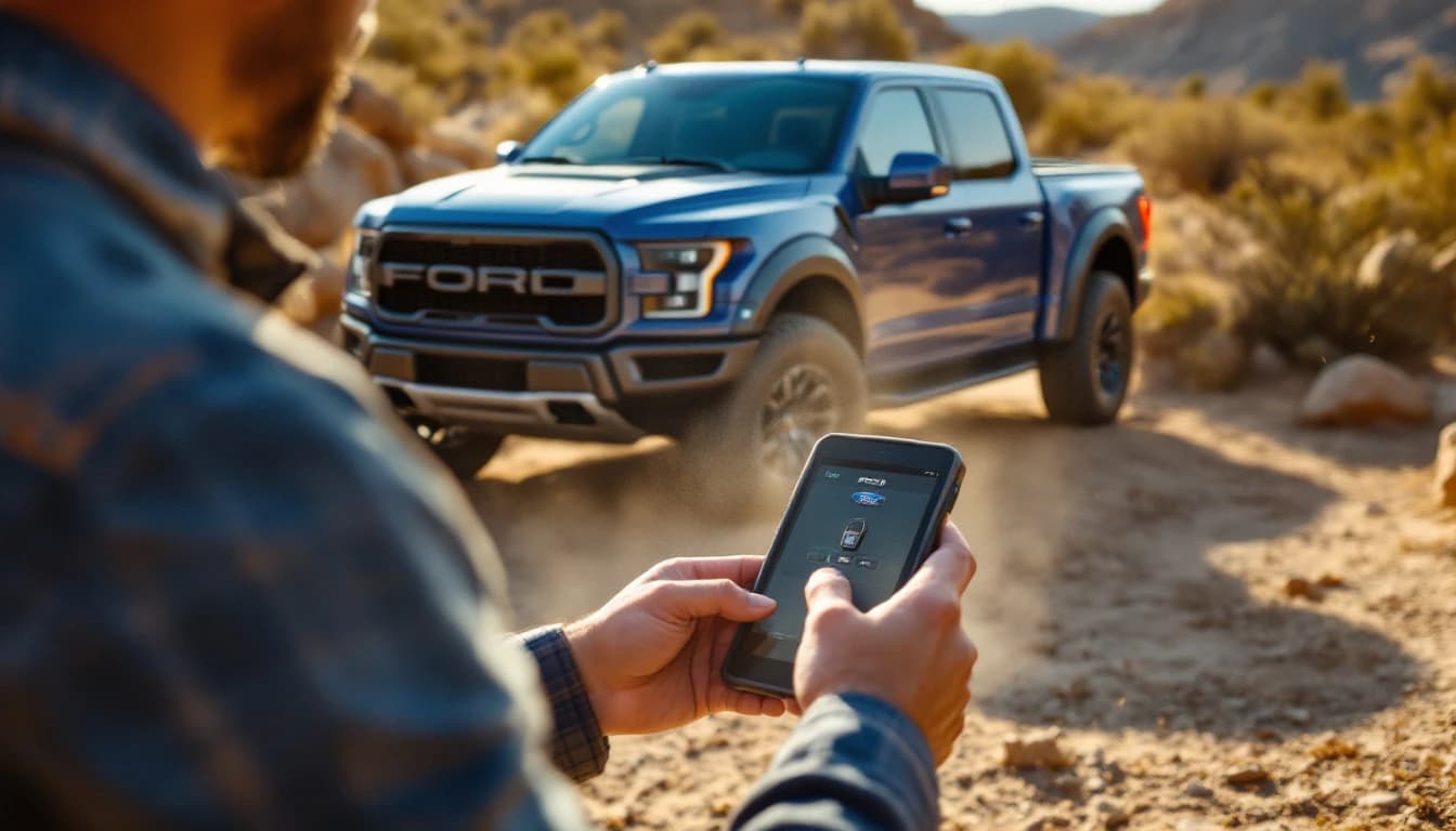 Mobile locksmith programming a Ford Raptor smart key on-site in Frisco, Texas