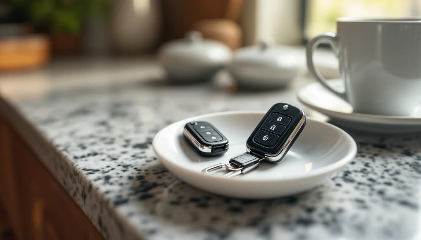 A smart key fob and a flip key resting in a shallow ceramic dish on a granite kitchen counter beside a coffee cup in morning light