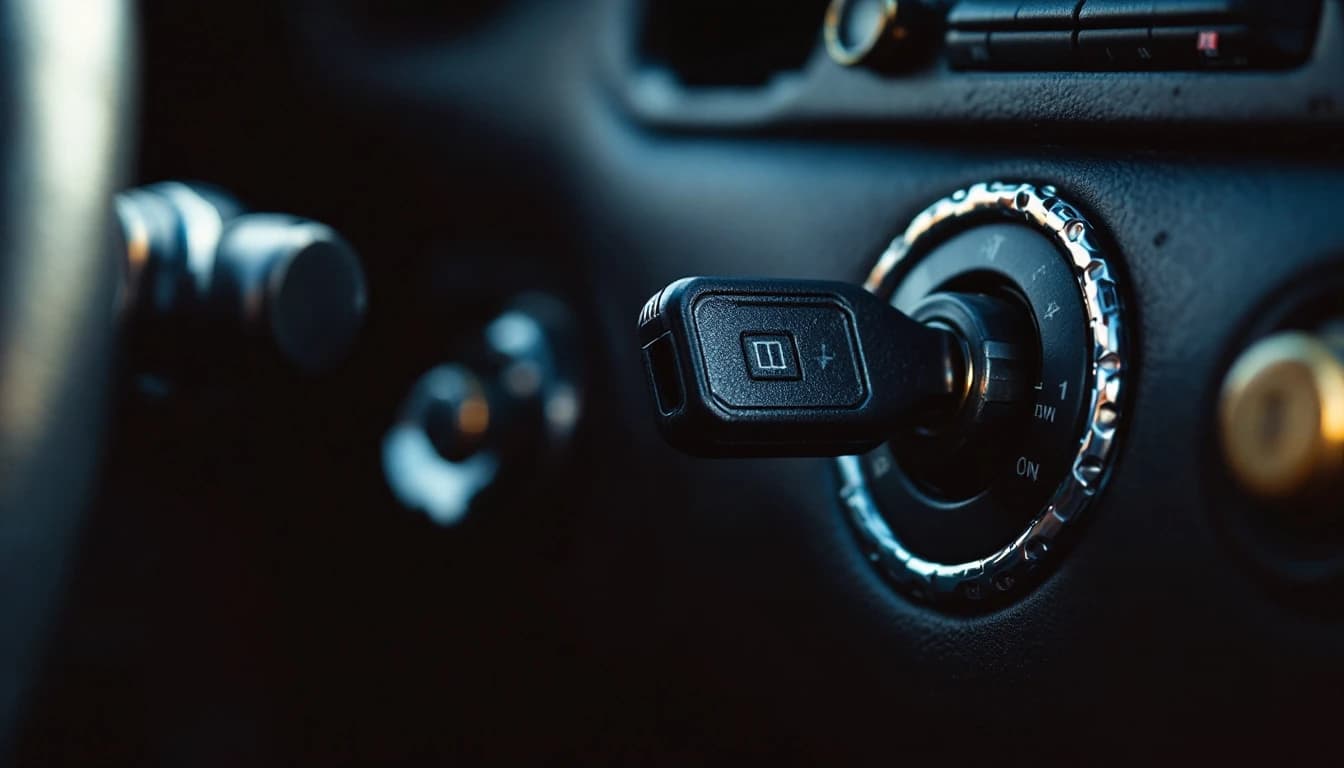 Car key held in an ignition cylinder on the steering column of a vehicle in Frisco, Texas