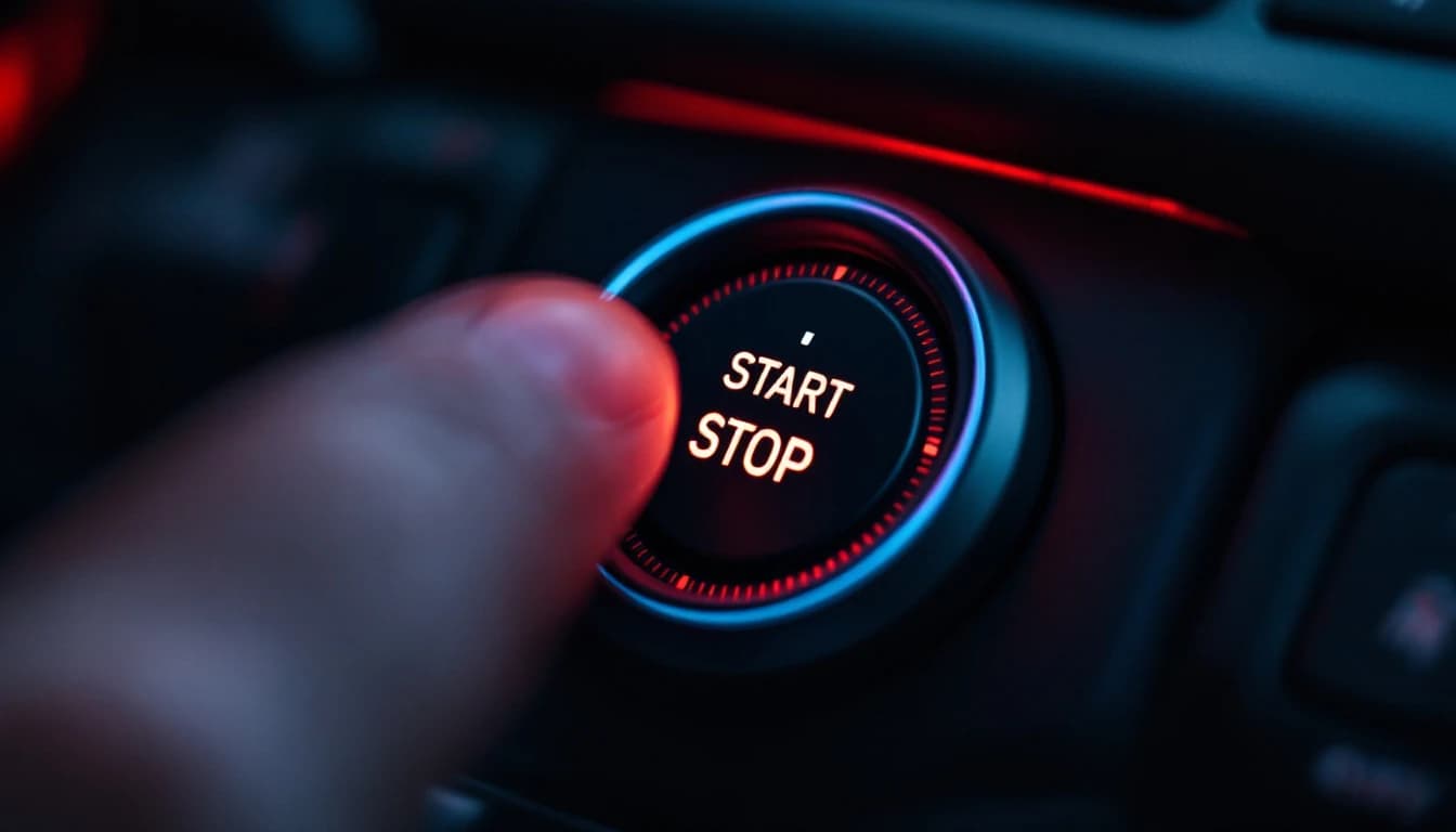 Illuminated engine start-stop button on a sport sedan dashboard