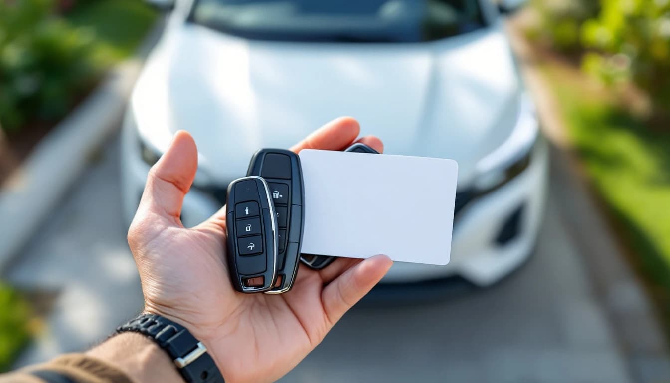 Two proximity smart key fobs on the charge port cover of a compact electric crossover in a Frisco Texas driveway