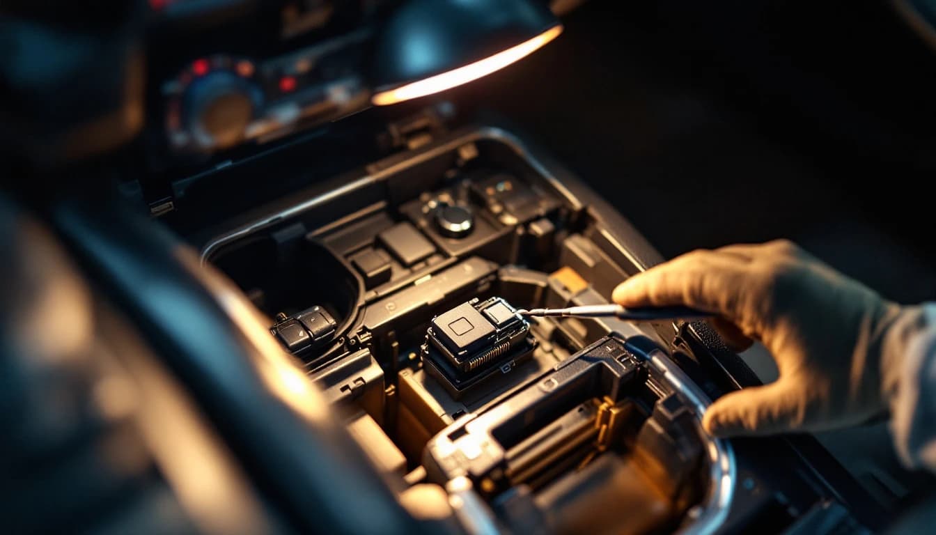 Technician working on exposed ignition and immobilizer module electronics inside a luxury car interior in Frisco, Texas