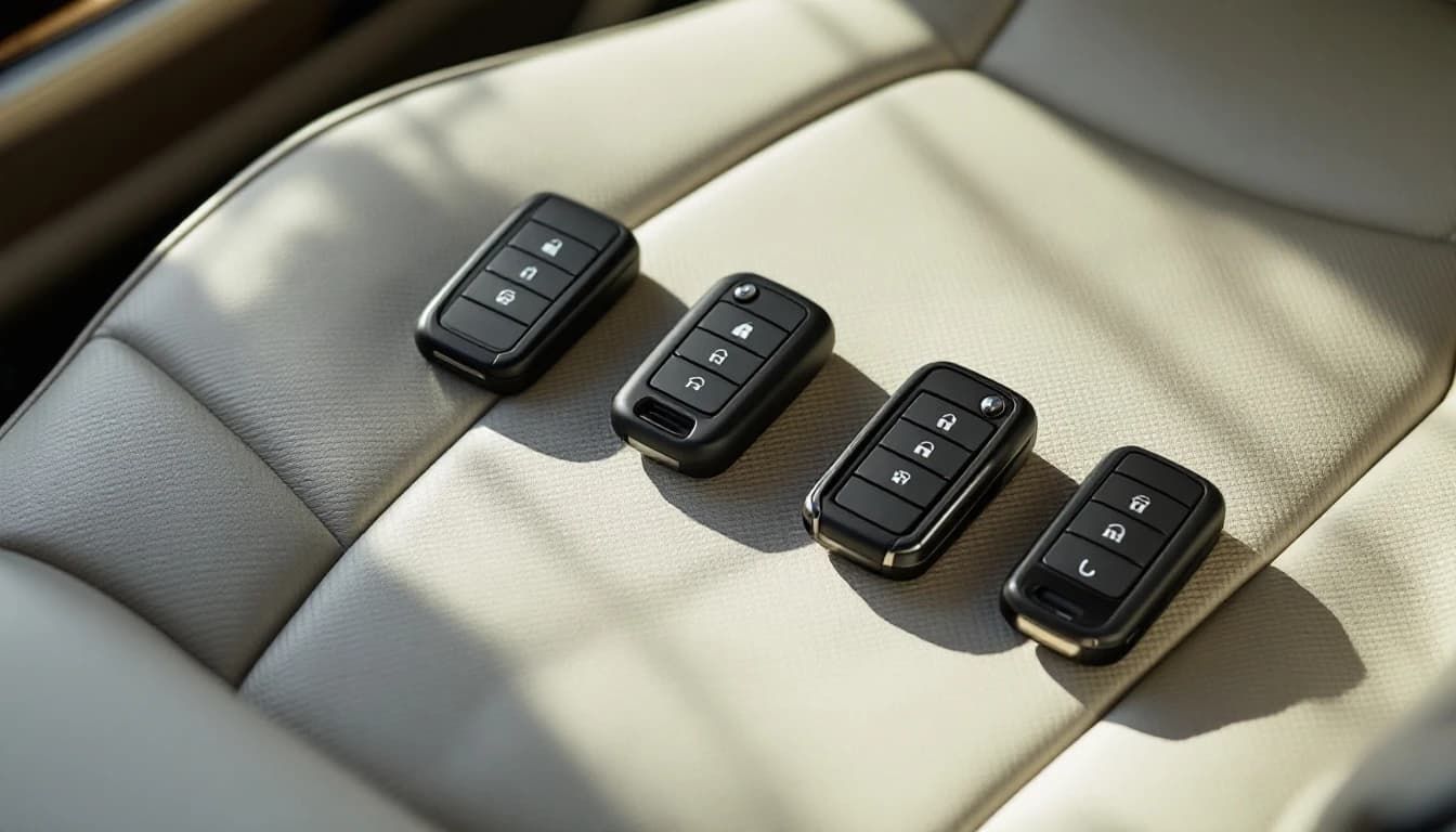A row of four dark smart key fobs with lock-icon buttons laid out on a cream leather car seat in soft window light
