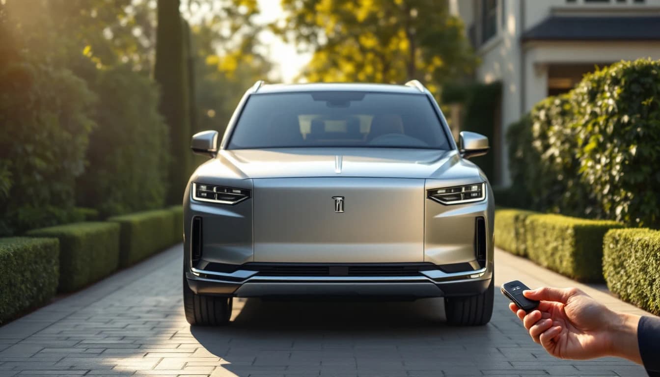 Mobile automotive locksmith programming a luxury SUV smart key in a Frisco, Texas driveway