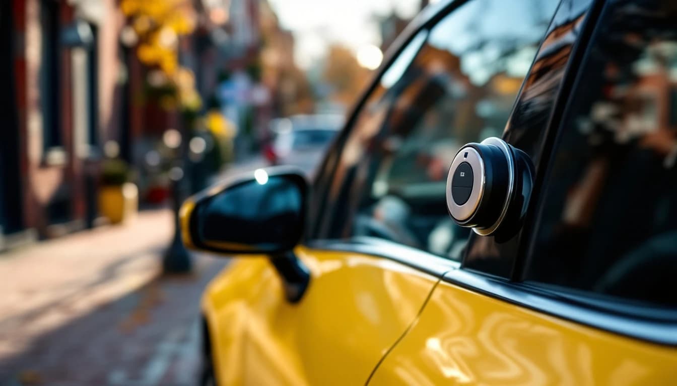 Electric MINI hatchback on a brick street with a round key fob on the mirror