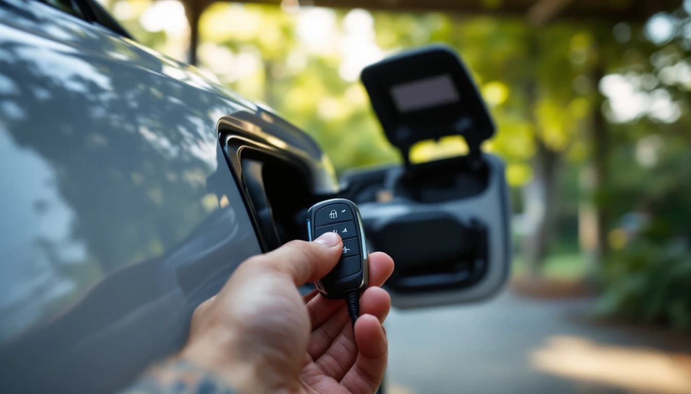 Charging port open on a plug-in hybrid SUV with a key fob held in hand