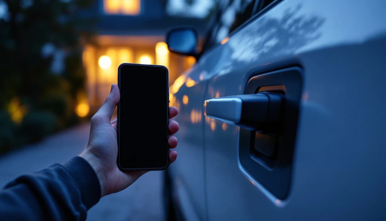 Person holding a smartphone beside the door handle of a modern electric car in a Frisco Texas driveway at dusk