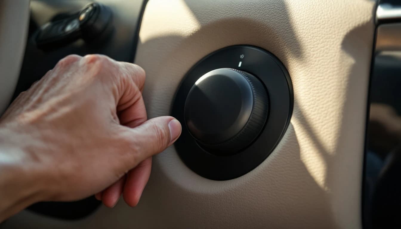 A hand reaching for a round black rotary ignition knob set into a beige car dashboard in afternoon light