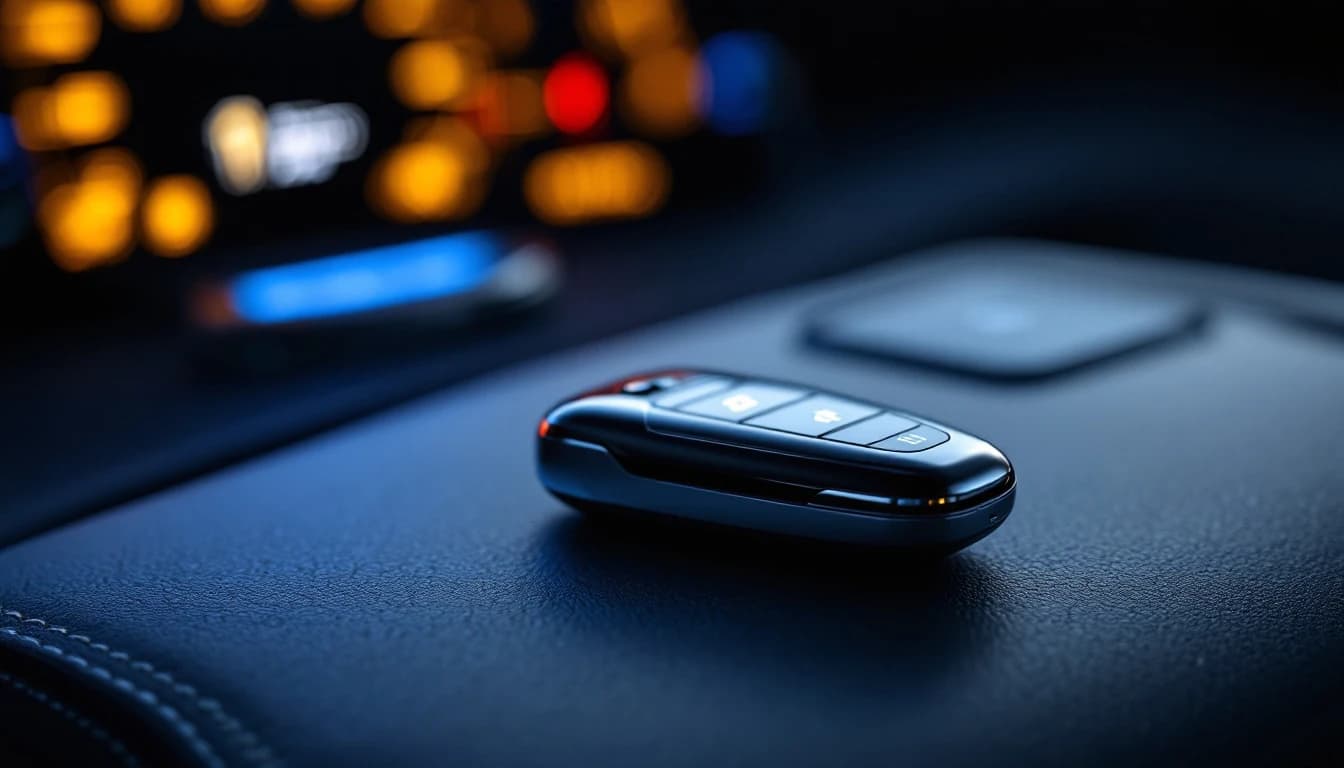 Driver holding a smart key fob against a push-to-start button in a luxury car in Frisco, Texas