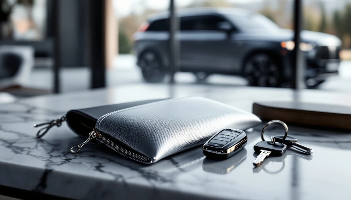 Luxury car key fob in a signal-blocking Faraday pouch in a Frisco, Texas home