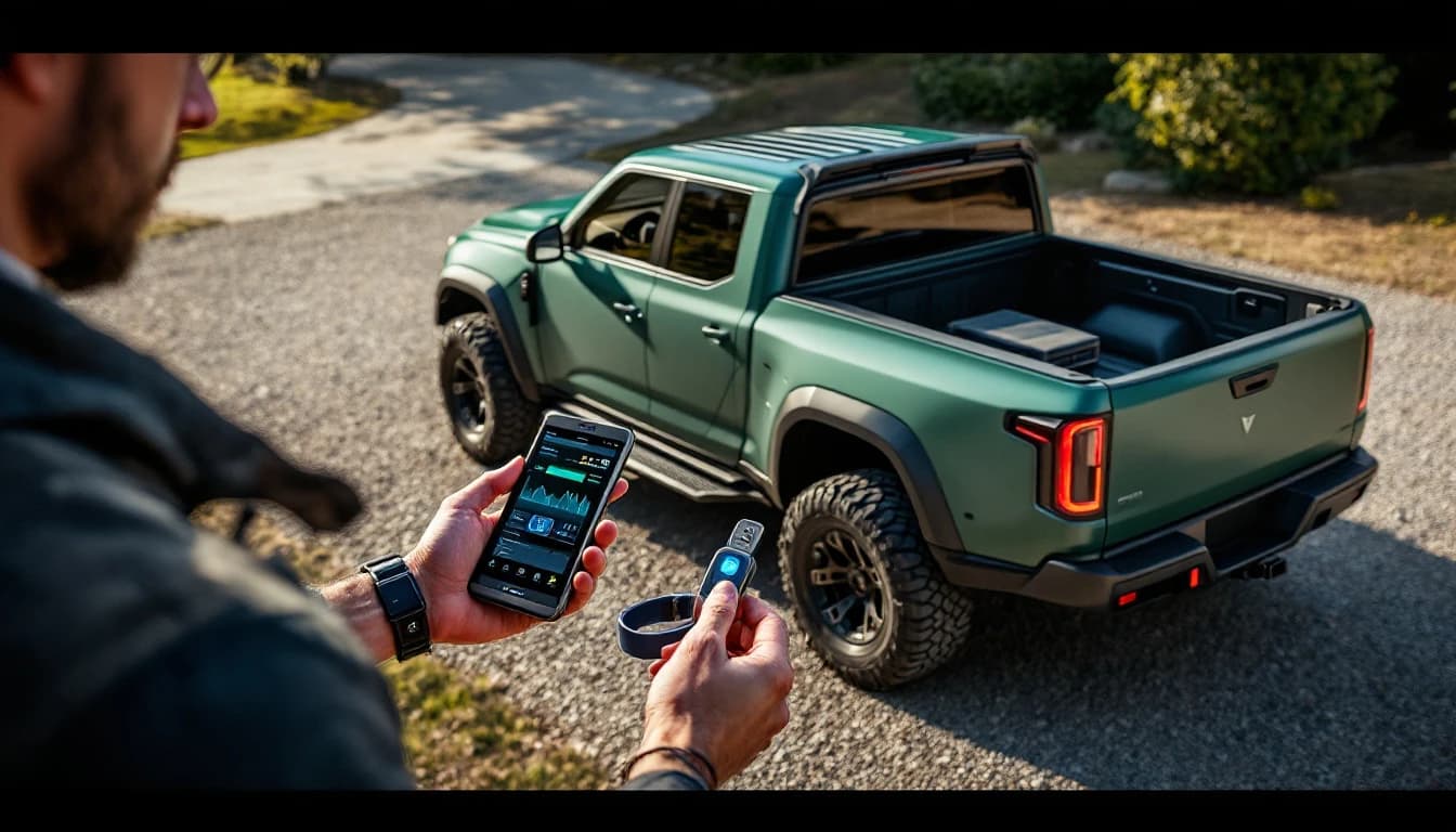 Mobile locksmith beside a Rivian R1T electric truck in Frisco, Texas