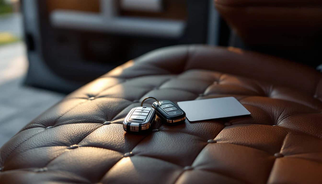 A slim electric truck key fob and a thin key card resting on a quilted leather seat in a Frisco, Texas driveway