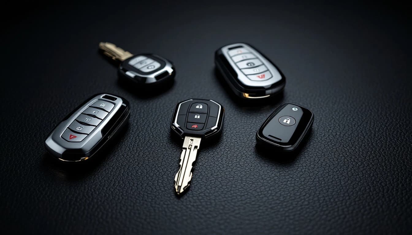 Luxury car smart proximity key fob and valet key on a dashboard in Frisco, TX