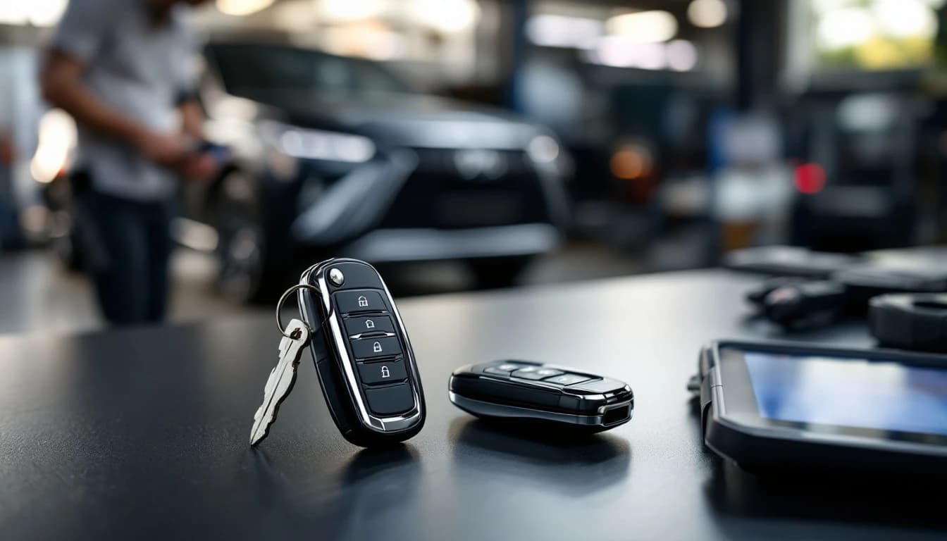 Mobile locksmith programming a spare smart key for a luxury SUV in Frisco, Texas