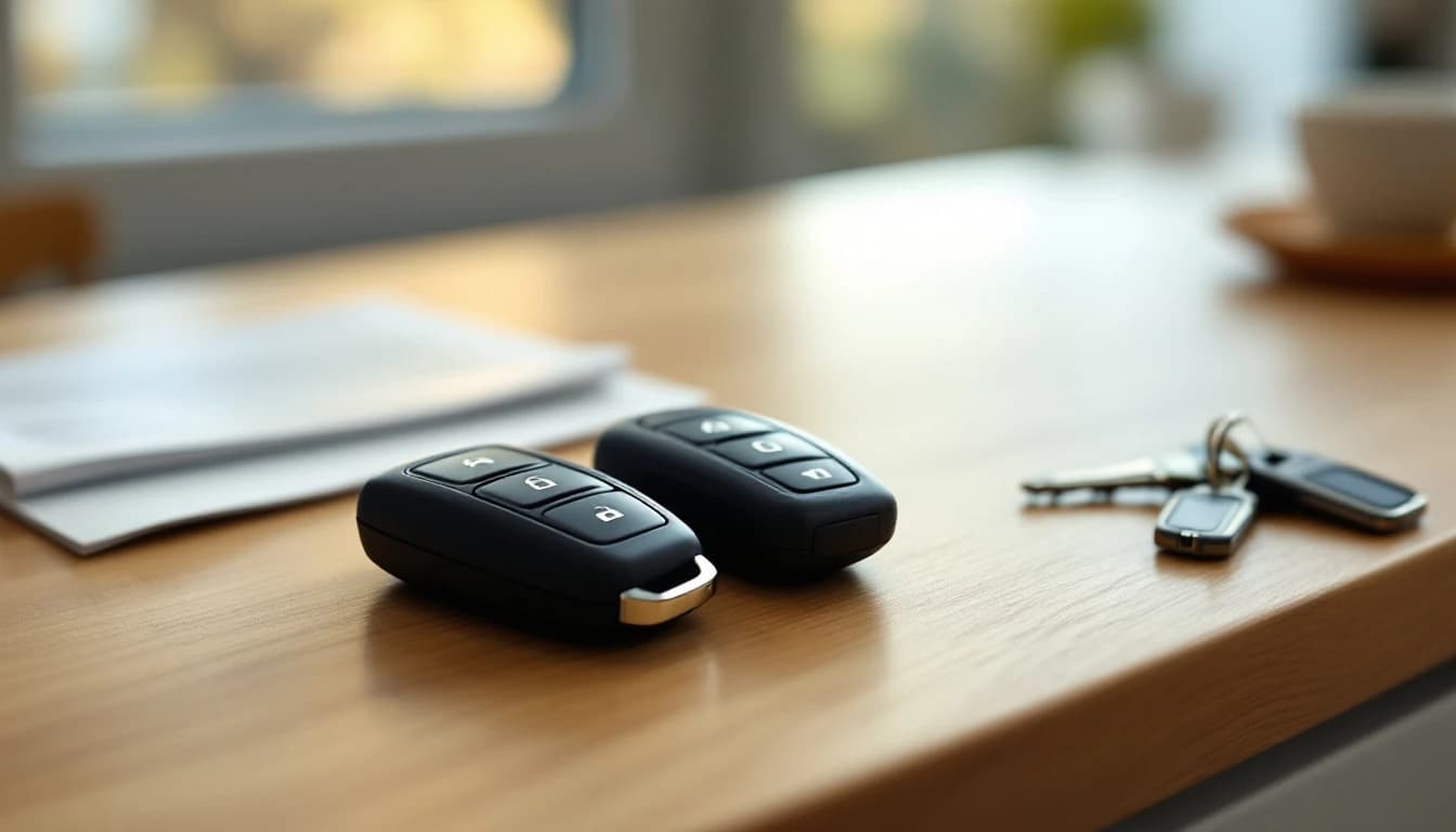 Two proximity key fobs on a workbench beside key cutting and programming equipment in Frisco, Texas
