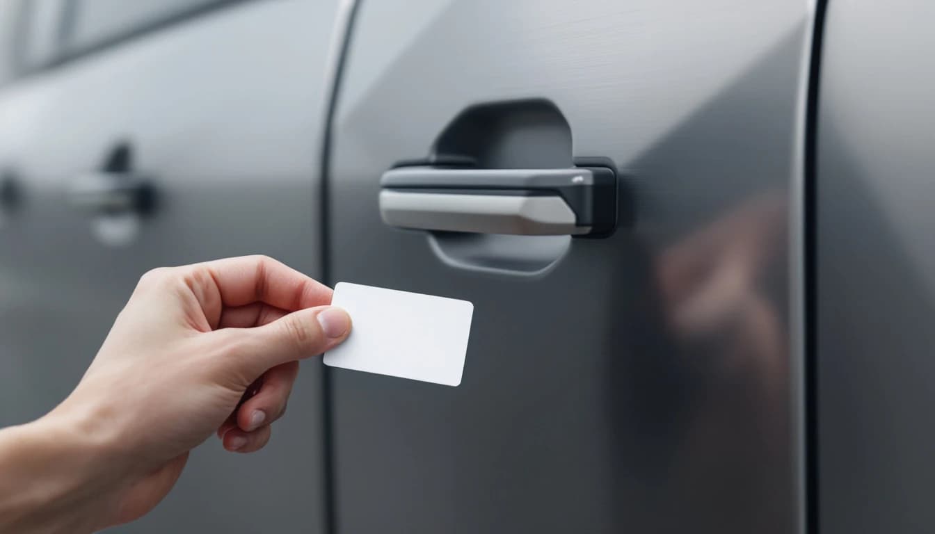 Tesla key card held beside a stainless-steel electric pickup truck door pillar