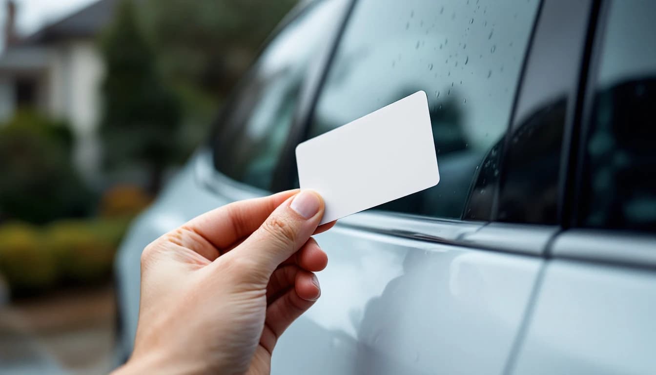 Hand holding a Tesla key card against the driver door pillar of an electric sedan in Frisco, Texas