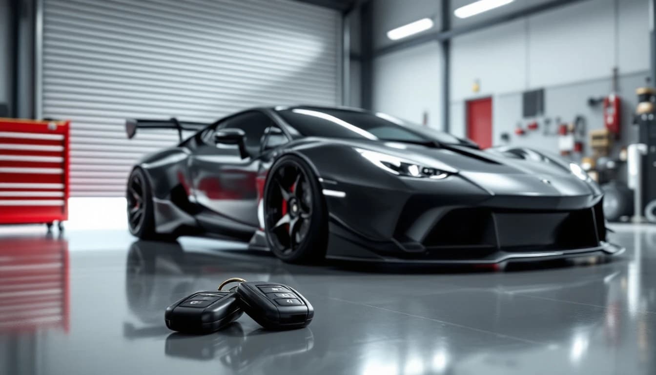 Toyota GR sports coupe and hot hatch in a workshop with two key fobs