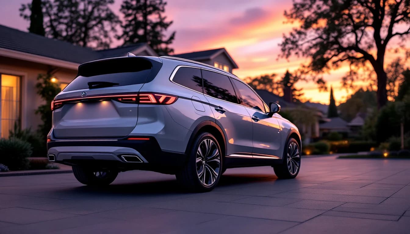 A large three-row family crossover parked in a suburban Frisco, Texas driveway at dusk
