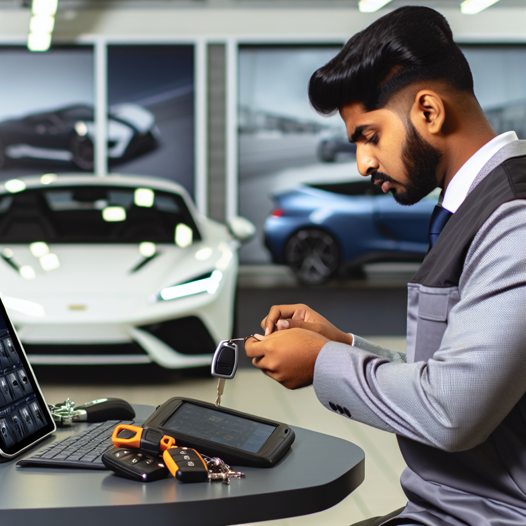 Technician programming Ferrari key with tablet